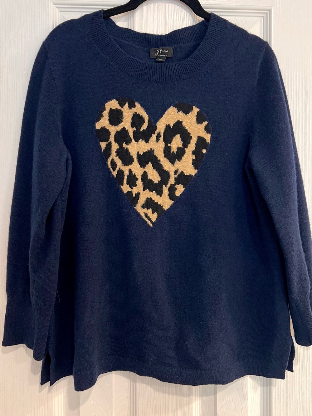 J. Crew Cashmere Navy 3/4 Sleeve Sweater Leopard Heart Crewneck L Women’s